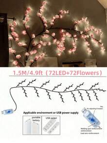 1 Cherry Blossom Branch LED Light, USB Powered, 144 LED/96 LED/72 LED, 8 Flashing Modes, Soft And Bendable, Suitable For Indoor And Outdoor, Living Room, Bedroom, Wall, Wedding Decoration, Party Atmosphere Light, Valentine's Day, Birthday And Graduation Gift - Multicolor - View 14