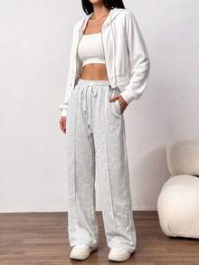 Casual High Waist Drawstring Straight Leg Sweatpants With Side 3D Stitching, Flattering Draping Versatile Straight Leg Sports Long Pants - Light Grey - View 3