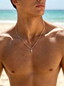 1pc Men's Minimalist Silver Cross Pendant Necklace, Casual Everyday Necklace, Birthday Gift - Necklace - View 1