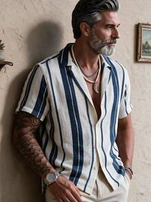 GOLDREDY Fashion Printed Striped Colorblock Men's Casual Button-Down Short Sleeve Shirt Summer - Blue - View 2
