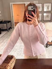 Elegant Intellectual Solid Color Button-Up Cardigan For Women, Suitable For Holiday, Travel, Date, Autumn/Winter - Pink - View 2
