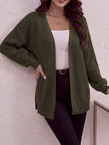 Spring/Autumn Casual Solid Color Side Slit Dropped Shoulder Loose Cardigan - Dark Green - View 3