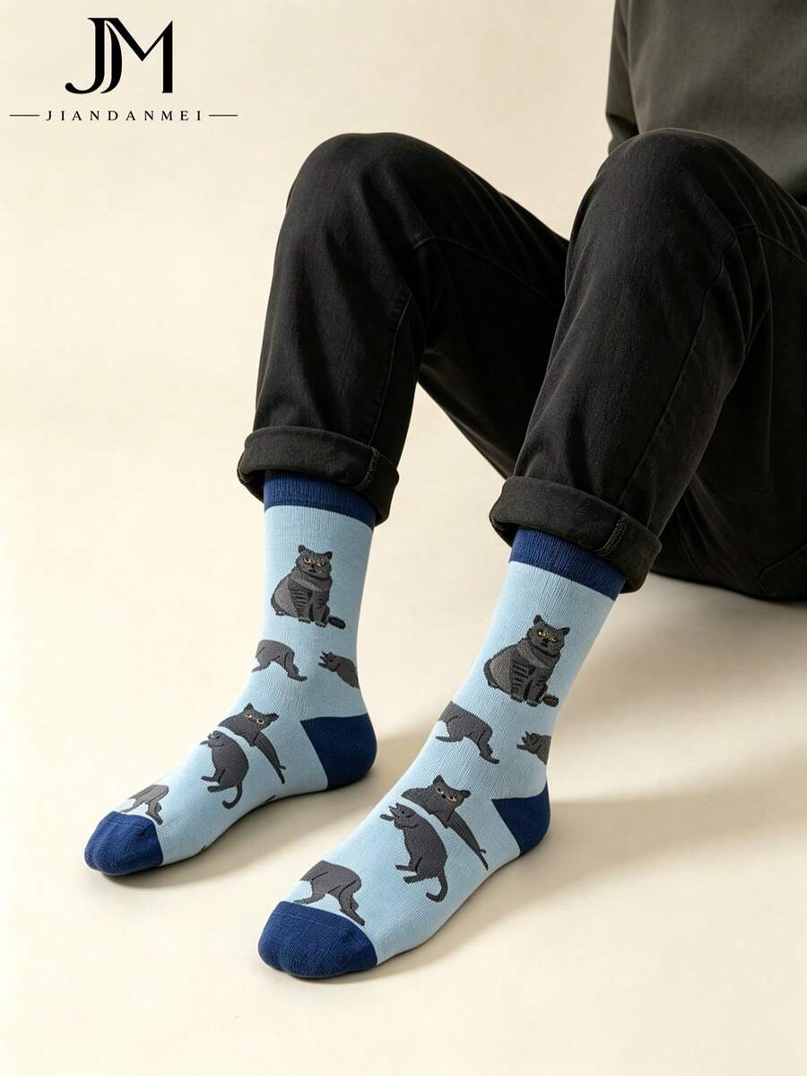 Men's Light Blue Cat Pattern Cotton Breathable Business Casual Versatile High Tube Socks - Multicolor - View 1
