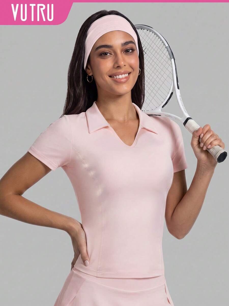 VUTRU Slim Fit Polo Collar Short Sleeve Solid Color V-Neck Sports T-Shirt For Running And Fitness - Baby Pink - View 1