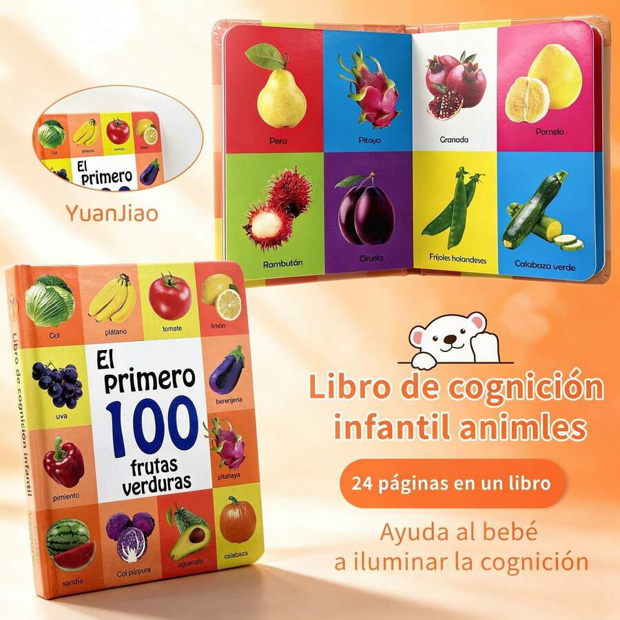 Hardcover Board Book, Spanish Language Fruits Vegetables Cognition Book, Colorful Picture Book For Early Learning, Thick Durable Paper Reading Book For Daily Use - Multicolor - View 1