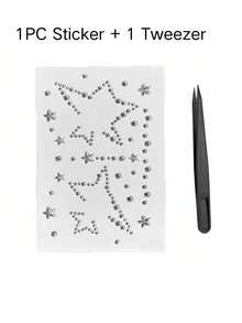 1 Set Christmas Silver Star Rhinestone Face Stickers With Tweezers, Self-Adhesive Glitter Chain Pentagram Face Decals, Ice & Snow Style Stage Christmas New Year Party Photoshoot Facial Decoration Rhinestone Stickers - Silver - View 6
