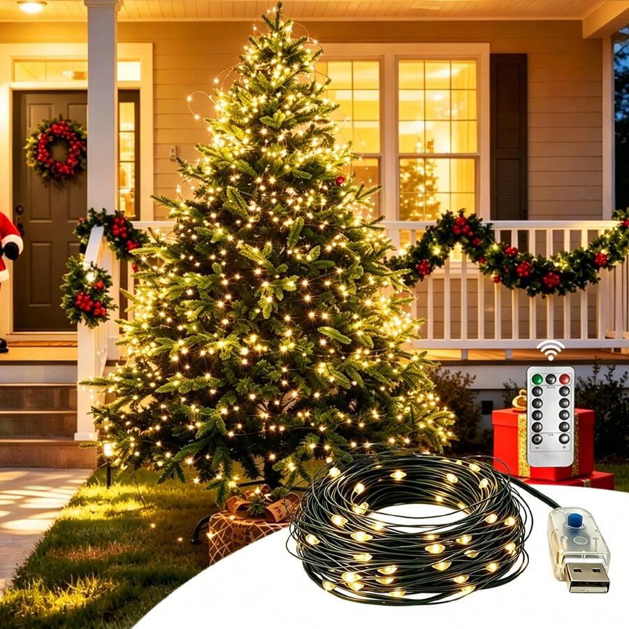 1PC Warm White USB Fairy Lights With Remote Timer Dimmable 8 Modes Green Copper Wire String Lights Christmas Tree Decor Lights For Christmas Tree Bedroom, Wedding, Holiday Indoor & Outdoor Decoration - Green Copper Wire String Lights - View 1