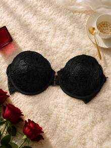 Women's Front-Clasp Lace Bandeau Bra, Floral Push-Up Underwire Strapless Bra, Non-Slip Invisible Backless Bra, Suitable For Dresses And Weddings - Black - View 9
