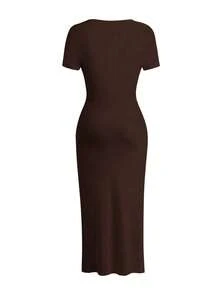 EARO Women's Fitted Long Dress, Short Sleeve With Slit Design, High Elastic Fabric, Creating Elegant Slim Fit Silhouette - Dark Brown - View 6