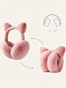 1pc Cute 3D Cat Ear Plush Earmuffs, Women's, Thickened Warm Faux Rabbit Fur, Foldable, Suitable For Students, Girls Daily Commute, Shopping, Cycling, Multiple Colors Available - Multicolor - View 5
