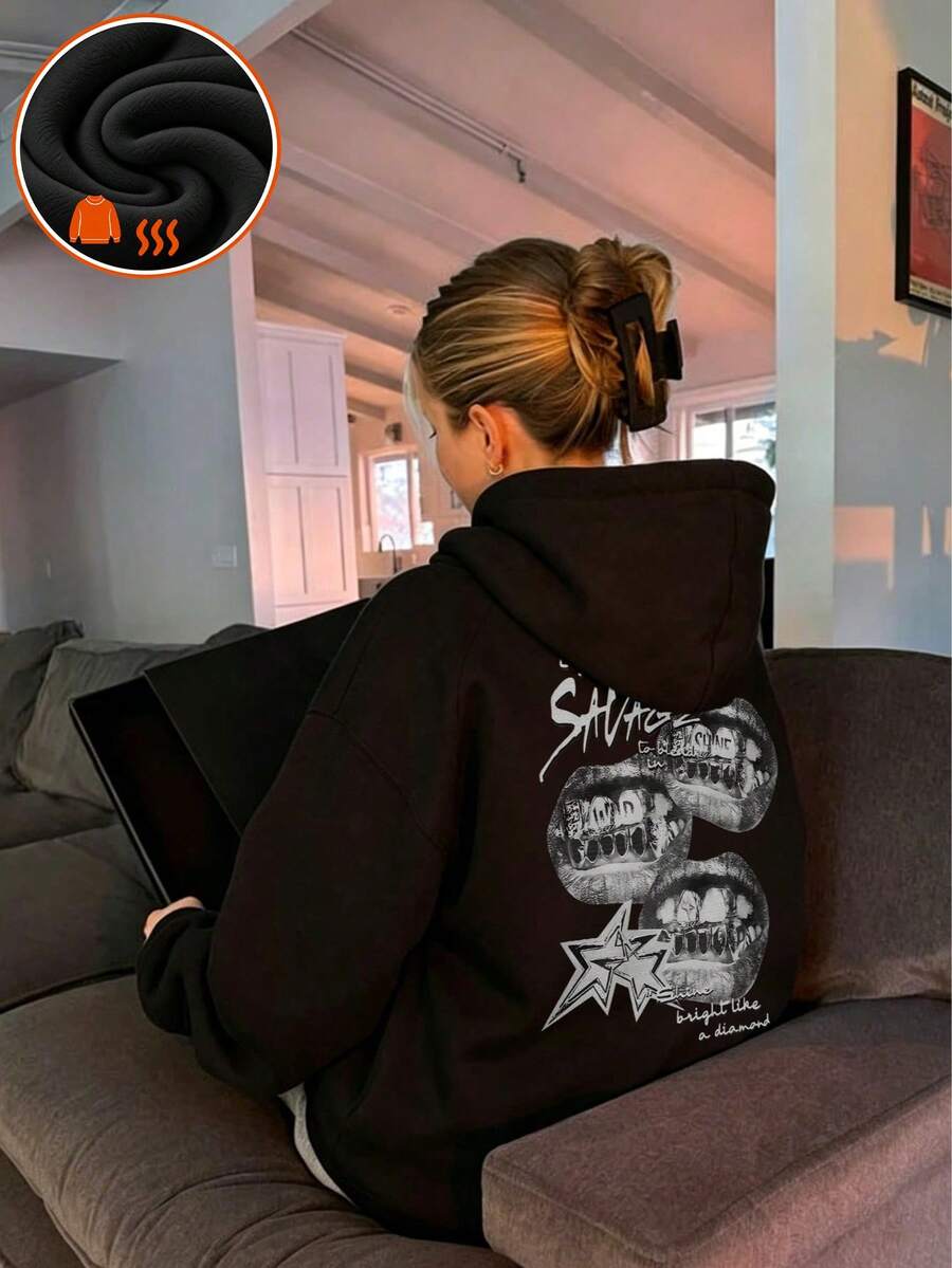 1pc Tween Girl Thermal Lined Thick Warm Sweatshirt, Young Student Clothing, Autumn/Winter Long Sleeve Top - Black - View 1