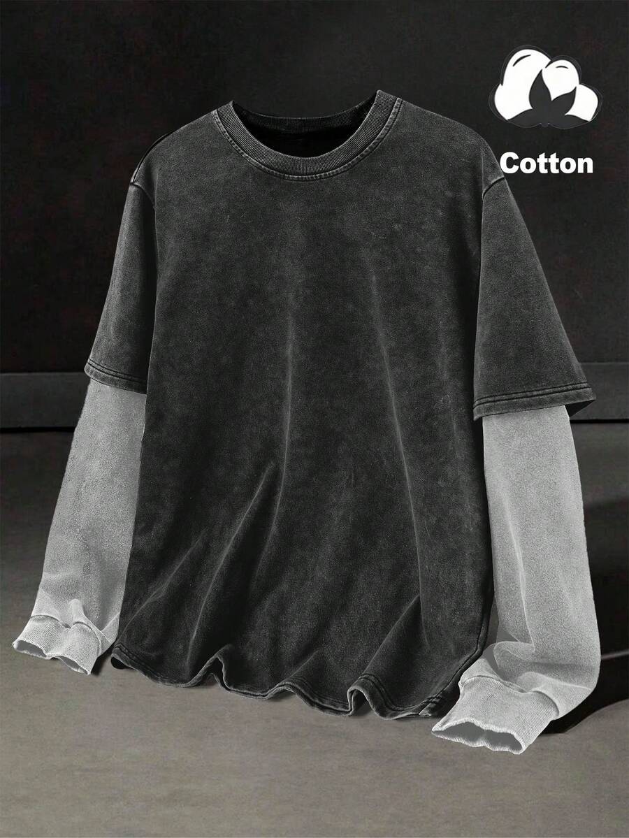 Men's Washed Faux Double Layer Long Sleeve T-Shirt, Contrast Dual Color Crew Neck Loose Fit Vintage Streetwear Basic Tee - Black - View 1