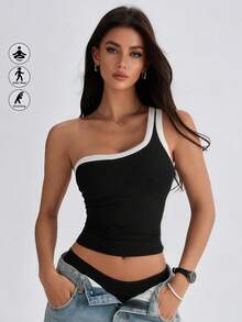 Runway Rest 1pc 4-Season Sleeveless Camisole, 2-In-1 With Built-In Cup Holder, Colorblock Asymmetrical Shoulder Strap Versatile Casual Tank Top For Women - Black - View 1