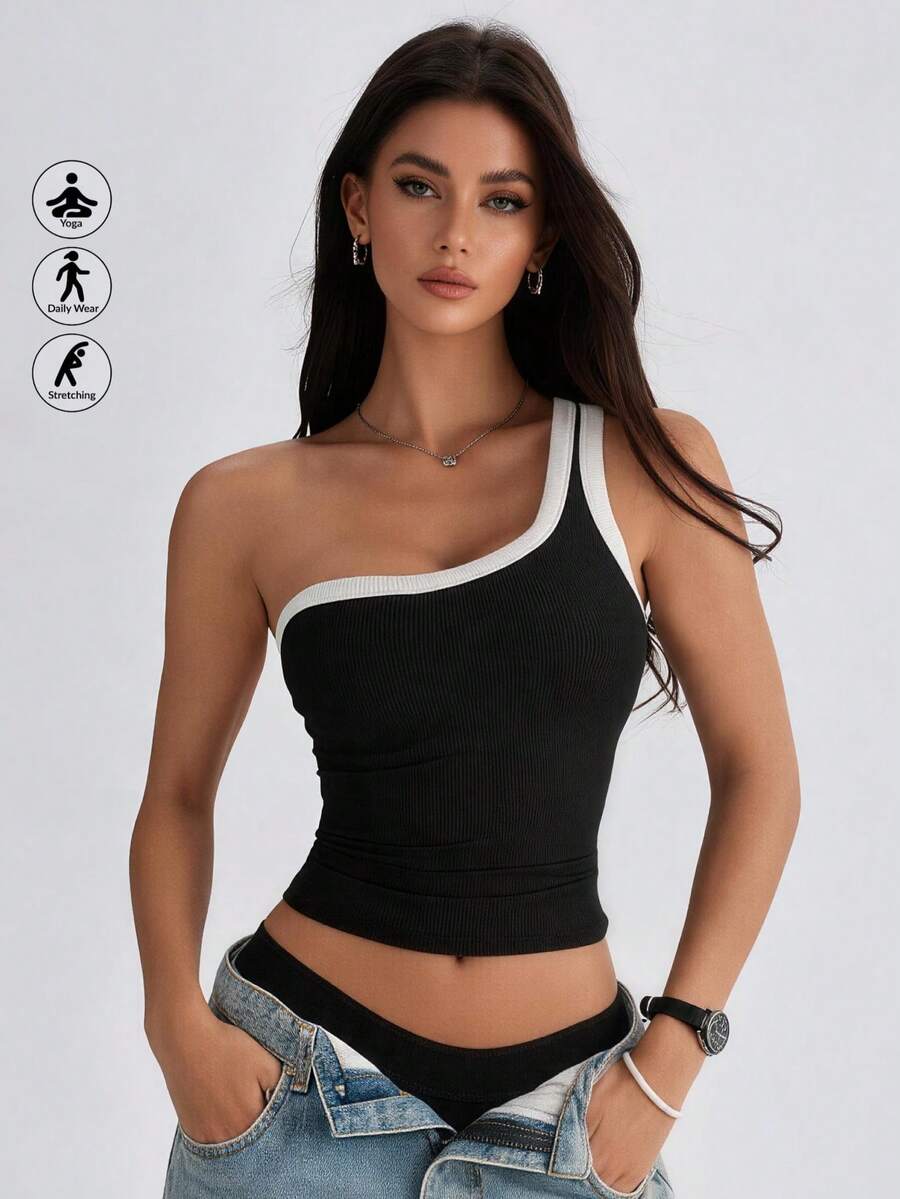 Runway Rest 1pc 4-Season Sleeveless Camisole, 2-In-1 With Built-In Cup Holder, Colorblock Asymmetrical Shoulder Strap Versatile Casual Tank Top For Women - Black - View 1