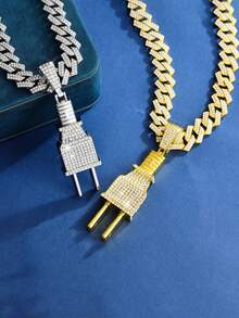 1PC Iced Out Plug Pendant Necklace, Hip Hop Bling Cuban Link Chain Power Plug Charm For Men Rapper Party Jewelry - Full Diamond Plug Pendant Cuban Chain - View 3