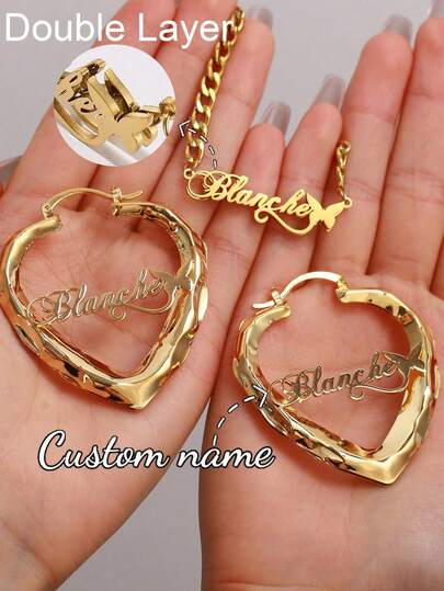 Women's Customized Name Bamboo Knot Earrings (Classic Exaggerated Personalized Hoop Style) And Men's 5mm Thick Cuban Chain (With Heart Pendant) - Couple Jewelry Set, Suitable As Family Christmas Gift, Personalized Gift, Hip Hop Jewelry
