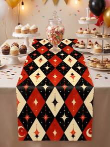 1pc Red & Black Cream Starburst Diamond Lattice Table Runner, Vintage Circus Clown Style Polyester Tablecloth, Geometric Diamond Grid & Sparkling Star Print, Suitable For Magic Theme Birthday Party, Carnival, Game Night And Holiday Celebration Table Decor - Multicolor - View 3