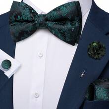 4Pcs Men Dark Green Small Floral Jacquard Bow Tie Pocket Square Cufflinks Brooch Set For Wedding Business Party - Dark Green - View 2