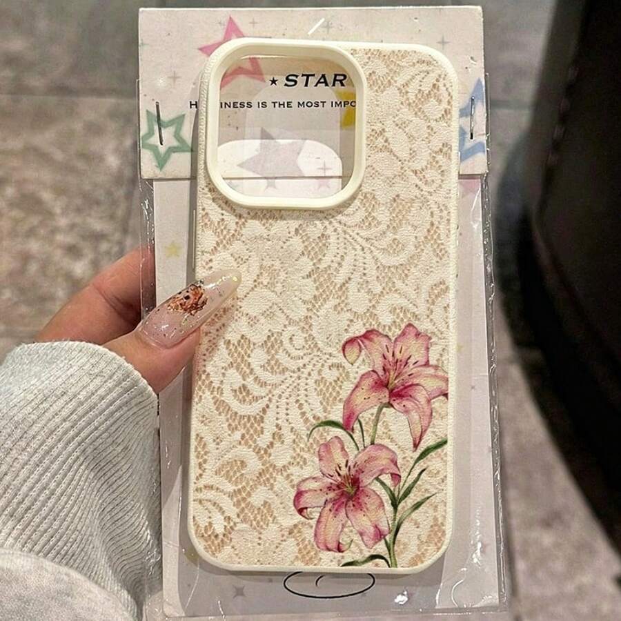 A Vintage Artistic Lace Watercolor Lily Phone Case With Gentle Leather Pattern Compatible With Apple 18Promax/11/12/13/14plus/15/16/17pro - Beige - View 1