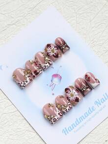 10PCS-Handmade Press On Nails, Square Shape, Fake Nails, Fall Nails, Y2K Style, Sturdy, Reusable, Brown, Paired With French Style, 3D Design, Suitable For Autumn,Daily Wear, Parties, Vacations, And Also The Best Holiday Gift For Women. - Brown - View 2