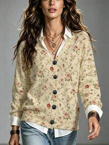 ADFHP Women's Vintage Printed Knit Cardigan, V-Neck Long Sleeve, Button Front, Autumn Casual Versatile Piece - Multicolor - View 1