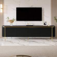 Low TV Cabinet Sideboard TV Stand MDF Iron Legs 6 Doors Rounded Ends Slatted Cable Management Living Room - Black - View 2