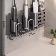 1pc Wall Mounted Toothbrush Holder | Drill-Free Installation | Space-Saving Bathroom Storage Rack, Suitable For Electric Toothbrushes And Razors | Modern Design - Gunmetal Gray - View 7