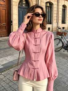 Solstice Apparel Blus Wanita Gaya Cina Kerah Tegak Kancing Katak Lengan Lentera yang Mengencangkan Pinggang Gaya Vintage untuk Komuter - Watermelon Pink - View 3