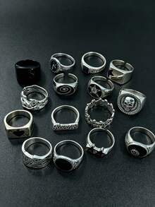 Personalized Men's Ring Set Gothic Style Multi-Piece Unisex Finger Rings Party Holiday Daily Wear Finger Accessories Fashion Jewelry Gift Unisex - 15-piece Punk Ring Set - View 5