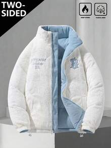 Men's Winter Minimalist Fashion Letter Embroidery Chest Design Comfortable Soft Fleece Reversible Stand Collar Padded Coat - Baby Blue - View 3