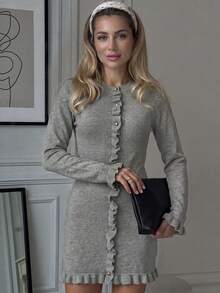 Women's Elegant Grey Ribbed Knit Fitted Long Sleeve Ruffle Hem Metal Button Sweater Dress, Autumn/Winter Date Outfit Fall - Grey - View 10