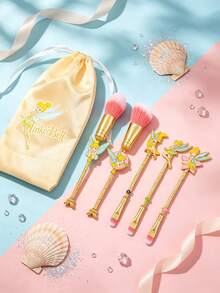 Disney Tinker Bell Themed 5-Piece Cosmetic Brushes Collection With Silk Storage Bag, Heavy Duty Gold Tone Enamel Wing Figurines Handle, Professional Fluffy Face Applicators For Highlighter Loose Powder And Crease Eyeshadow Application - Multicolor - View 5