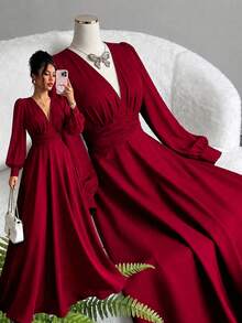 Fashion Long Sleeve Deep V-Neck Long Woven Fabric Dress, Elegant A-Line Flared Hem Party Or Formal Gown - Burgundy - View 3