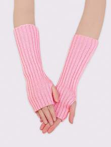 1pair Teen Girls Stretchy Ruched Knit Long Arm Cuffs, Solid Color Fingerless Hand Warmers For Party & Street Styling - 1Pair - View 6