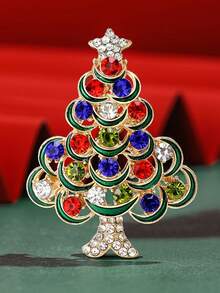 Christmas Luxury Full Rhinestone Christmas Tree Brooch, Red & Green Oil-Drip Gemstone Pin, Women's Bag Decor Accessory - Multicolor - View 6