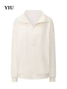 YIU Women's White Knit Quarter-Zip Pullover, Regular Long Sleeve, Casual Fashion Design - White - View 8