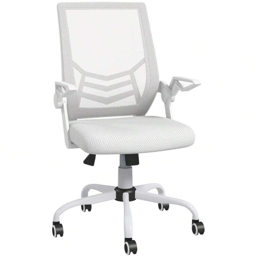 Mesh Office Chair, Computer Desk Chair With Flip-Up Armrests, Lumbar Back Support And Swivel Wheels, Black On-Site - White + Polyester - View 1