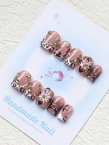 10PCS-Handmade Press On Nails, Square Shape, Fake Nails, Fall Nails, Y2K Style, Sturdy, Reusable, Brown, Paired With French Style, 3D Design, Suitable For Autumn,Daily Wear, Parties, Vacations, And Also The Best Holiday Gift For Women. - Brown - View 3