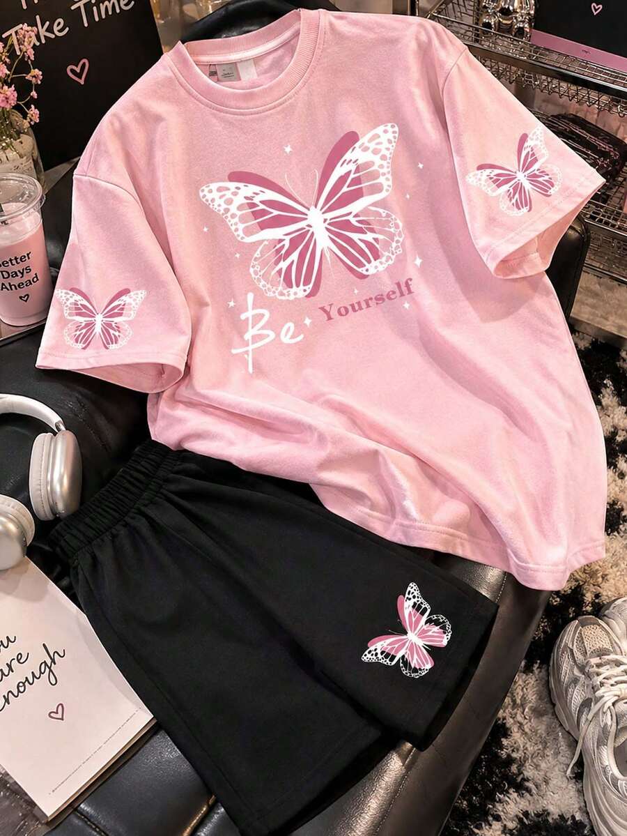 2pcs/Set Top ample à manches courtes et short élastique pour femmes grandes tailles, imprimé papillon, tenue de printemps/été à la mode et amusante, rose élégant - Rose bonbon - Voir 1