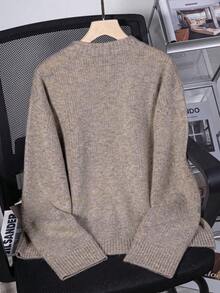 Seashell Pink Round Neck Pullover Casual Knit Sweater For Women - Seashell Pink - View 4