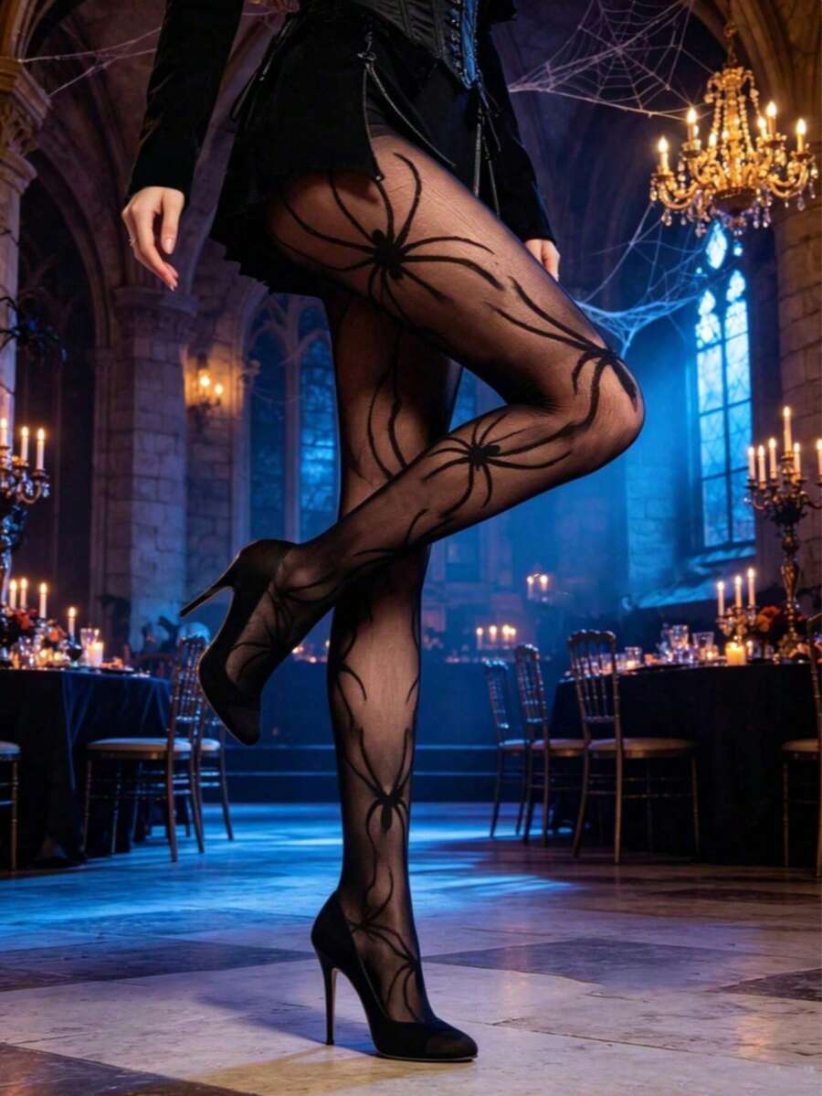 1 Pair Halloween Spider Pattern Tights, Dark Gothic Style Sexy Hollow Out Black Stockings For Party - Black - View 1