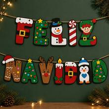 Feliz Navidad Banner Spanish Christmas Wreath 2D Acrylic Letter Hanging Flag Snowman Elf Gingerbread Man Penguin Pattern Christmas Home Wall Fireplace Hanging Decoration Holiday Party Decor - Multicolor - View 2