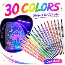 New Fabric Markers Pens 15pcs - 30 Colors / 12pcs - 24 Colors Can Draw And Write On Clothes, Hats, Glow Under UV Light, Easy To Apply, Convenient For Artistic Inspiration, Suitable For Art Classes, Creating Surprises, Especially Perfect For Halloween Graffiti And Holiday Celebrations - Sets - View 6