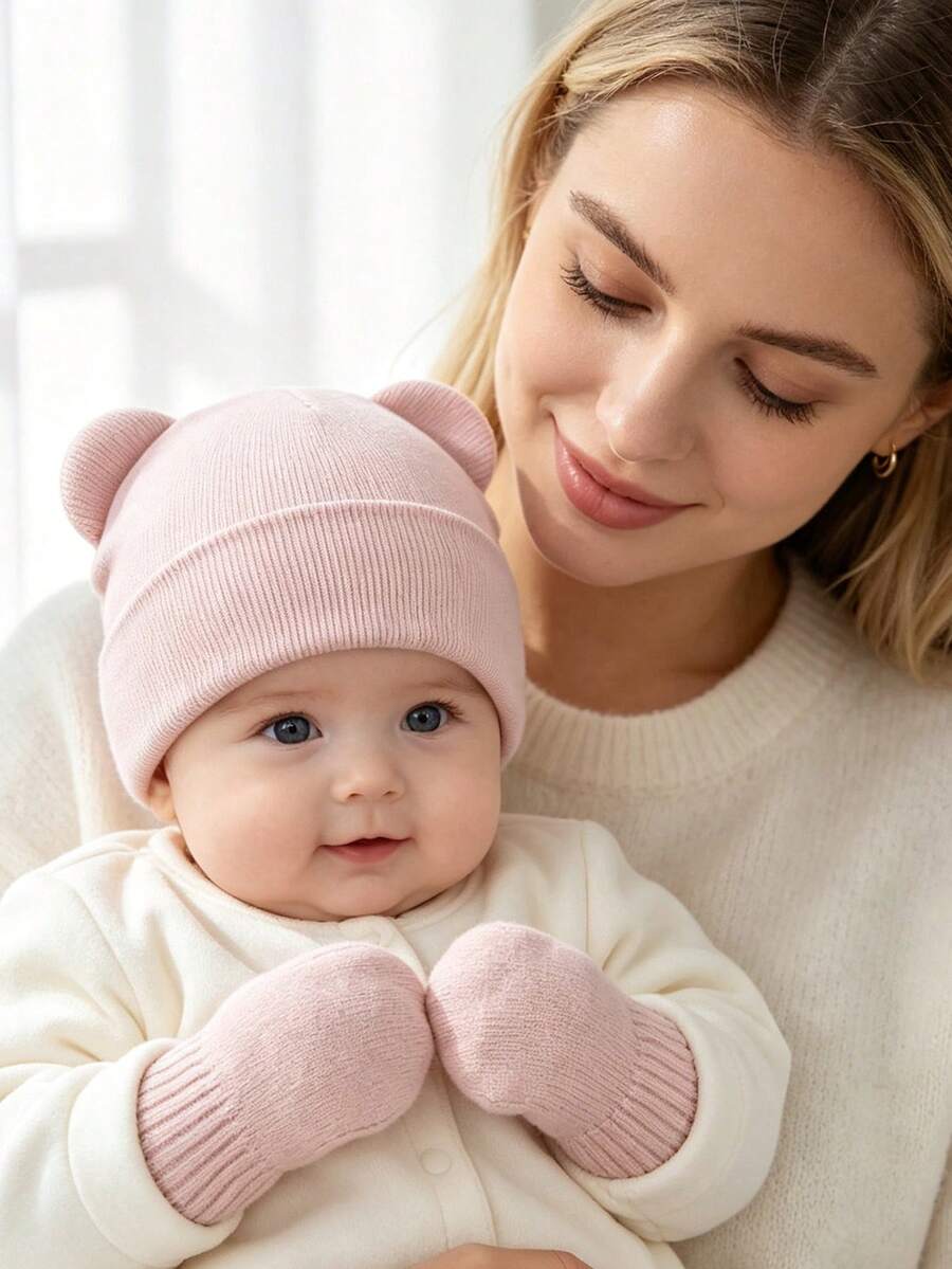 2pcs/Set Cute Bear Ear Knitted Wool Hat, Baby Warm Beanie And Gloves Set, Suitable For 1-3 Years Old - Multicolor - View 1