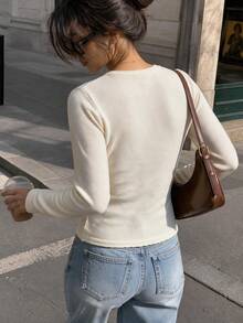 Sookaug Sweet Pure Style Wavy Edge Deep V-Neck Knitted Cropped Top, Slimming Waist Solid Color Inner Layer Knit Sweater For Autumn, Women's Ribbed Knit V-Neck Long Sleeve Top, Elegant Bow Knot Knit Sweater, Essential For Autumn, Winter And Spring - Apricot - View 5