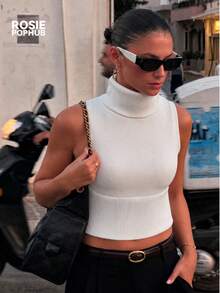 ROSIE POPHUB Women White Turtleneck Sleeveless Rib Knit Cropped Tank Top Slim Fit Elegant Christmas Basic Commute Daily Base Layer Fall Winter - White - View 4