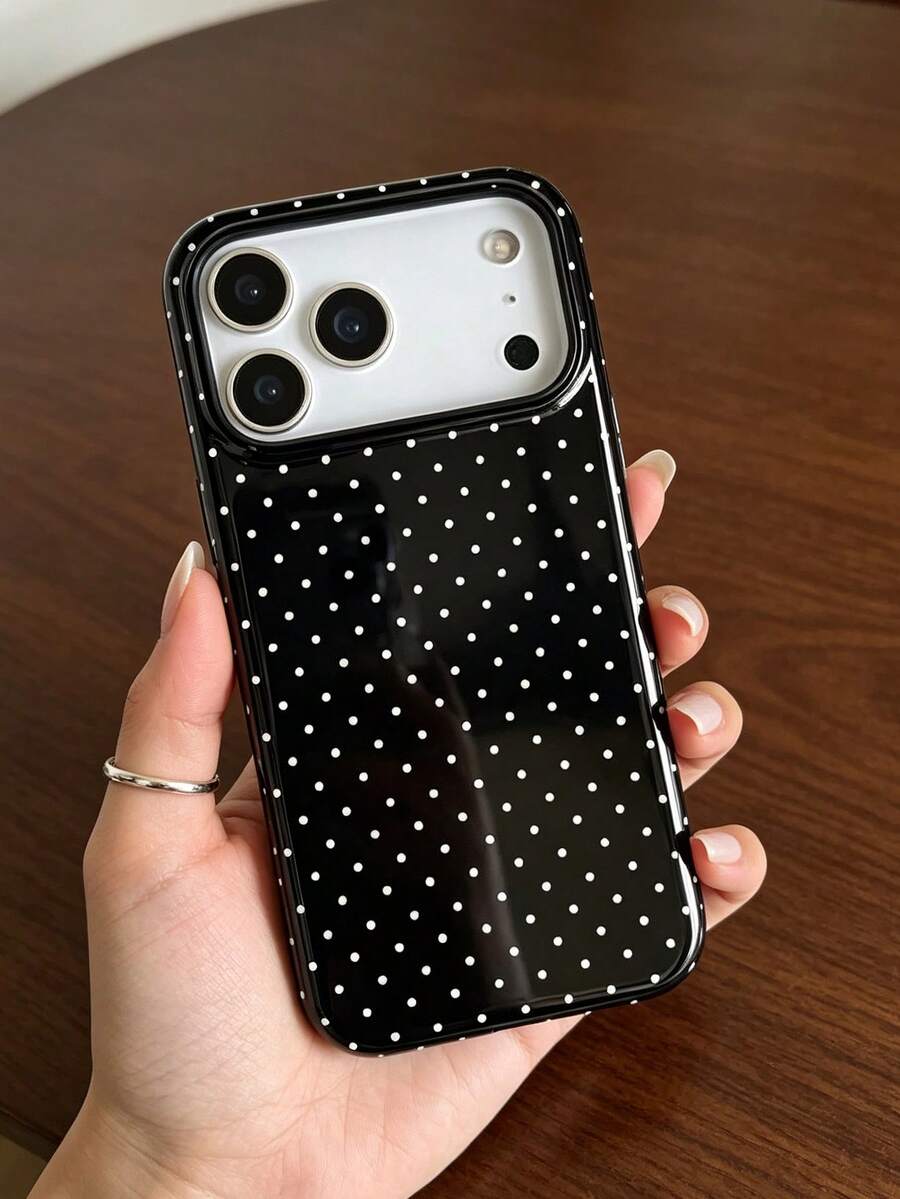 1pc Black Base White Mini Polka‑Dot Print Shockproof Phone Case, Daily Leisure Classic‑Style Protective Shell, Holiday Gift For Women Men, Compatible With IPhone 11 12 13 14 15 16 17 18 Pro Max - Multicolor - View 1