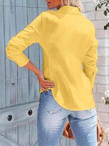 Camisa de manga larga con botones para mujer, top de ajuste ceñido con cintura fruncida, adecuado para uso casual, de negocios, de oficina, uso diario, todas las estaciones, color amarillo - Amarillo - Ver 2