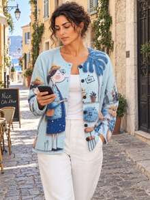 Women's Vintage Cartoon Print Cardigan, Long Sleeve Round Neck Button-Up Regular Fit Autumn Cardigan, Medium Stretch Fabric, Suitable For Winter Wear - Light Blue - View 5
