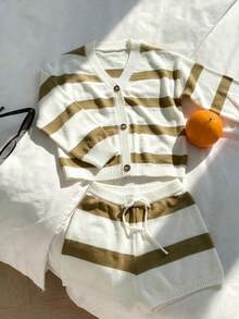 Women's Autumn Cardigan & Shorts Two Pieces Set, V-Neck Striped Colorblock Outfit, Casual Vacation Wear For Fall/Winter - Multicolor - View 5